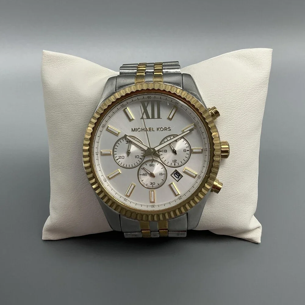 Michael Kors Lexington Women Watch 45mm Two Tone Chrono MK-8344 New Battery 6.5